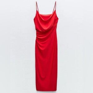 NWT ZARA Women’s Midi Dress Strappy Ruched Red Slip Faux Wrap 1165/1740‎ MEDIUM